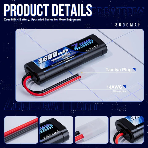 7.2V NiMH 3600mAh RC Battery with Tamiya Connector for RC Cars and Trucks, high power with silicone wire and Tamiya plug.