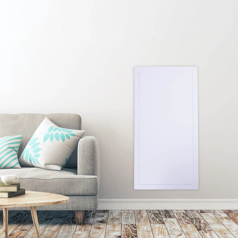 Real Deal Plastic Drywall Access Panel 14 X 29 Inch With Concealed Hinge For Ceiling And HVAC Inspections in living room setting.