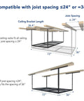 Diagram showing Overhead Garage Storage Rack 72 Inch Long By 36 Inch Wide By 40 Inch High Adjustable Ceiling Mount Heavy Duty Black Shelf.