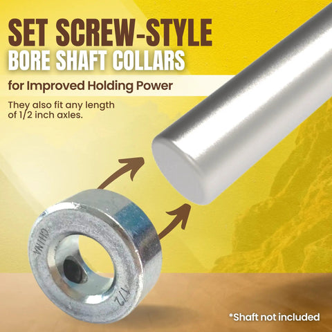 4 Pack One Half Inch Bore Solid Steel Shaft Collars With Zinc Plated Finish Built Tough For Machinery And Industrial Use, Includes Socket Cup Point Set Screws For Quick Secure Fit displayed with shaft illustration