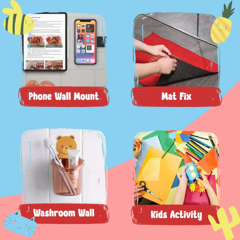 Collage of four images: phone wall mount, mat fix with hands, washroom wall organizer, and kids art activity with colorful paper.