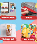 Collage featuring phone wall mount, mat fix, washroom wall, and kids activity with crafts and colors.