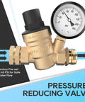 RVGUARD lead-free brass water pressure regulator valve with gauge; front view showing inlet/outlet fittings.