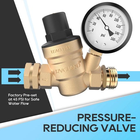 RVGUARD lead-free brass water pressure regulator valve with gauge; front view showing inlet/outlet fittings.