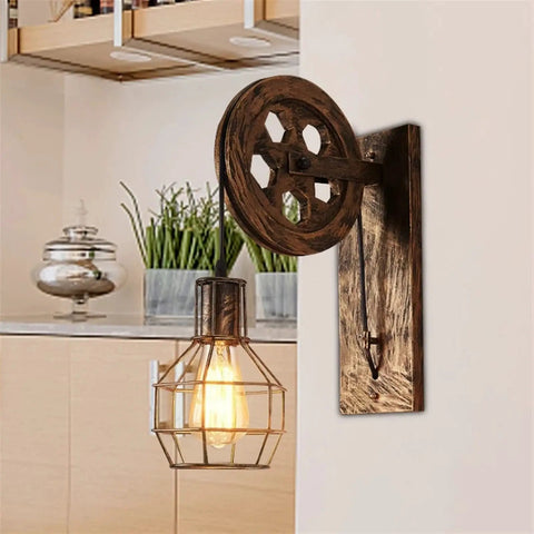 Absolutely Sick Industrial Wall Lamp With Vintage Pulley Handle Crafted From Heavy Wrought Iron Ideal For Barn Lofts And Man Caves With Super Cool Diffused Lighting in a cozy kitchen setting.