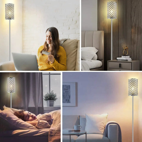 Crystal Floor Lamp With K9 Crystals Tall Silver Modern Standing Light Luxe Accent Lamp for Living Room or Bedroom and Office