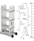 Twelve And A Half Foot Folding Aluminum Ladder Multi Purpose Seven In One Heavy Duty Ladder For Everyday Home Garage And Job Site Use With Scaffold Leaning Ladder Stepladder And Adjustable Configurations EN 131 Standard, folded and extended