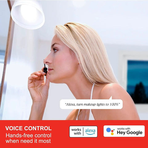 Woman using voice control with WiFi Smart Bulb 4 Pack A19 Daylight 5000K No Hub Required Works With Google Assistant