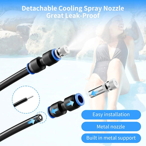 Outdoor Patio Mister System With Four-Gallon Water Bucket And Pump, Eight Spray Modes, featuring detachable cooling spray nozzle