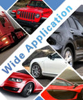 Collage of various vehicles including cars and trucks under text 'Wide Application' showcasing M18x1.5 Notched Style Weld Bung And Plugs Kit