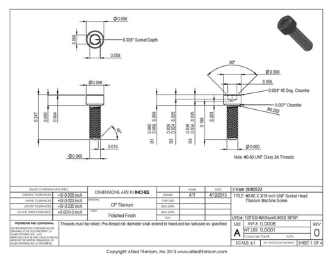 Technical drawing of a Titanium Socket Head Machine Screw For Thread Size Zero To Eighty UNF Grade Two CP Pack Of Twenty Five True Titanium Corrosion Resistant For Saltwater Use Lightweight And Beefy High Strength Fastener For Precision Assemblies with detailed dimensions and specifications.