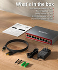 8 Port 2.5Gb Ethernet Switch With 10Gb SFP Uplink For NAS, Gaming and PC, showing contents including cables and manual