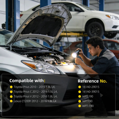 Mechanic inspecting engine compartment of a Toyota Prius while demonstrating Direct Fit Electric Water Pump Rotor Compatible With Toyota Prius 2010 To 2015.