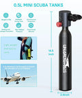 Ultra Compact 0.5L Scuba Tank Travel Ready With DOT Certification, 1 Minute Quick Assembly And Disassembly, Airplane Friendly Mini Dive Tank With Illustrated Clear Instructions shown next to measurement and usage icons.