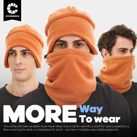 Orange fleece-lined skull cap and neck gaiter set showcasing versatile wear styles for outdoor protection.