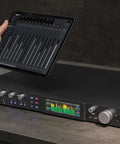 Next Gen 28x32 USB3 Audio Interface With 24 Bit RGB Display And Real Time Metering Pro Grade IO on studio desk with tablet control