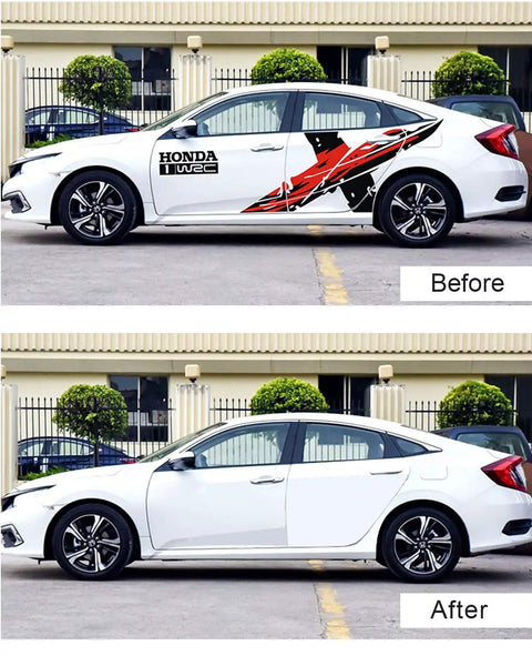Car before and after using Decal Eraser Wheel Pinstripe Removal Tool 1 Pack Black Rubber Wheel With Drill Adapter For Electric Drills