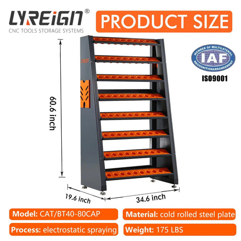 Cat BT40 Large Capacity CNC Tool Holder Keeper And Storage Cart side view, ABS construction, 8-row holder, 60.6 inches high