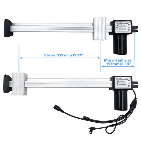 Power Recliner Actuator Replacement Kit JLDQ-12.157.333K showing two linear actuators with cables, 333mm stroke, for lift chairs.