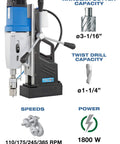 Heavy Duty Portable Magnetic Drill Press With Four Gear Speeds And Hardcore Drilling Power For No Sweat Job Site Work Up To Three Inch Holes And Ten Inch Stroke On Steel Plates with 3-1/16" cutter capacity.