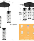 Diagram of Three Light Crystal Pendant Lights Black For Kitchen Island Hanging Light Fixtures with dimensions and bulb types.