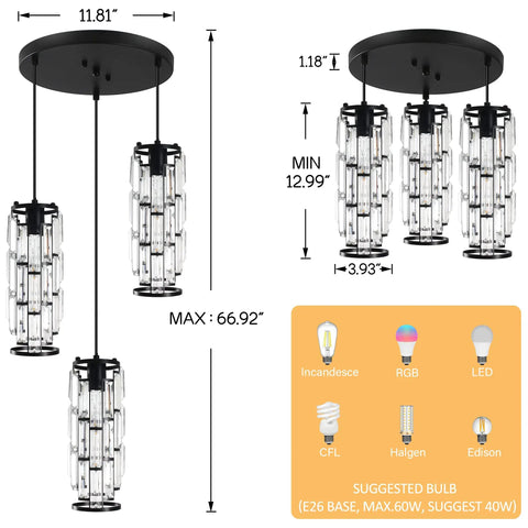 Diagram of Three Light Crystal Pendant Lights Black For Kitchen Island Hanging Light Fixtures with dimensions and bulb types.