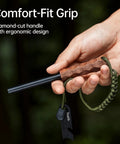 Hand holding Go To Survival Flint And Steel Fire Starter Kit for Hiking and Camping, all-weather cerium iron rod, walnut handle