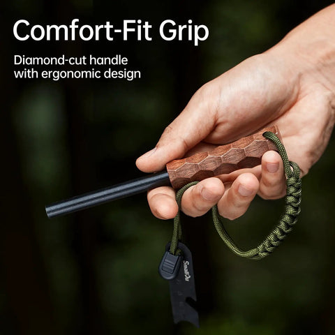 Hand holding Go To Survival Flint And Steel Fire Starter Kit for Hiking and Camping, all-weather cerium iron rod, walnut handle