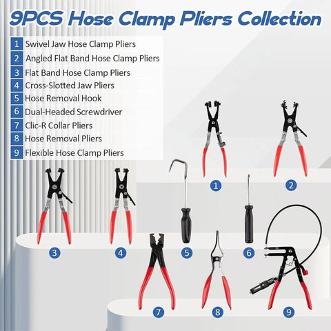 Cool Flex Hose Clamp Tool Set With 9 Piece Disconnect Wrench Kit And Multi Angle Pliers For Gripping Spring Clamps Safely Without Damaging Radiator Or Cooling Hoses On Any Car Under The Hood, 9pc hose clamp pliers set