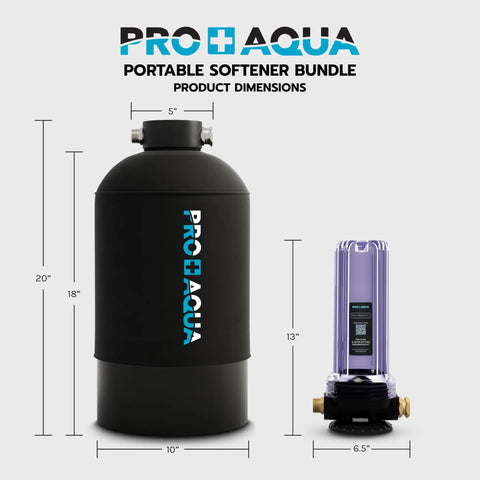 Portable 16,000 Grain Water Softener For RVs, Trailers, Boats And Mobile Washes with dimensions shown