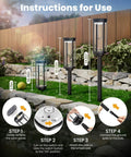 Solar Pathway Lights Outdoor 8 Pack Waterproof No Fuss Upgraded Dusk To Dawn Auto On Off Walkway Landscape Driveway Yard Lawn Patio Decor Cool White Solar Powered Stakes for Garden showing assembly instructions with height measurements and components on a lawn.