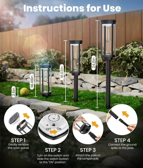 Solar Pathway Lights Outdoor 8 Pack Waterproof No Fuss Upgraded Dusk To Dawn Auto On Off Walkway Landscape Driveway Yard Lawn Patio Decor Cool White Solar Powered Stakes for Garden showing assembly instructions with height measurements and components on a lawn.