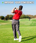 Man swinging Men's 9-Piece Golf Iron Set With Steel Shafts For Right-Handed Players on green with trees in background