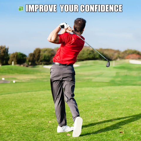 Man swinging Men's 9-Piece Golf Iron Set With Steel Shafts For Right-Handed Players on green with trees in background