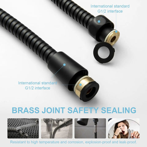 Close-up of brass joint sealing on 100 Inch Kink Free Stainless Steel Shower Hose With Brass Insert And Nut, Matte Black Electroplated Finish