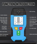 6-in-1 Stud Finder Wall Scanner Auto Shutoff LCD (Blue) showing buttons and display features for scanning functions.