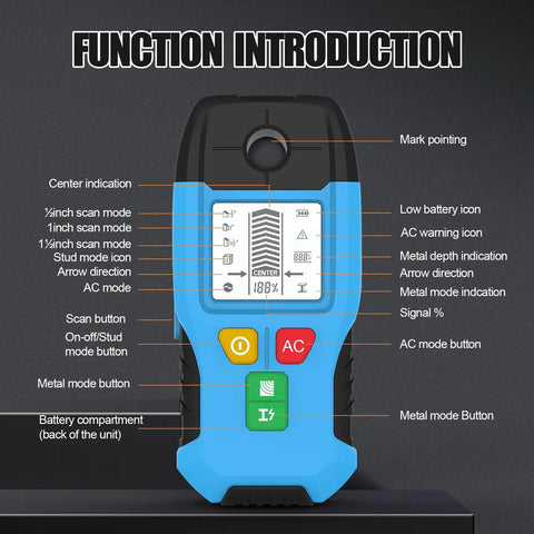 6-in-1 Stud Finder Wall Scanner Auto Shutoff LCD (Blue) showing buttons and display features for scanning functions.