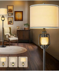 Vintage Industrial Floor Lamp With Linen Shade in cozy living room, 63.5-inch tall, metal base, subtle night light visible