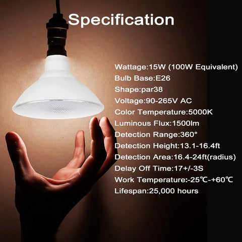 Radar Motion Sensor Outdoor Flood Light Bulbs PAR38 LED Dusk to Dawn Security Bulbs 15W 100W Equivalent 5000K Daylight for Porch Garage Driveway 360 Degree Coverage Weatherproof No Brainer Install 2 Pack, PAR38 bulb spec