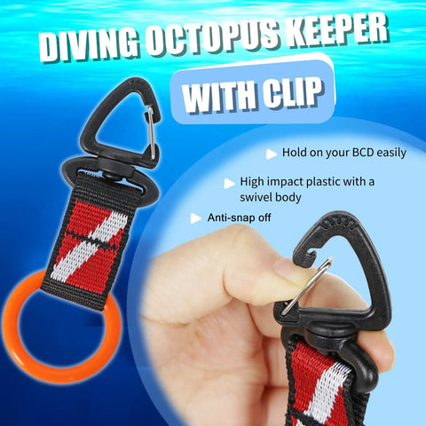 Scuba Octopus Mouthpiece Keeper Silicone Mouthpiece Holder With Spring Clip and Webbing Strap displayed in hand