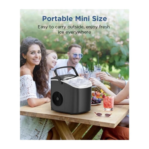 Portable Countertop Ice Maker With No Sweat Self Cleaning Generates Nine Gentle On Teeth Cubes In Just Six Minutes placed on outdoor table with drinks.