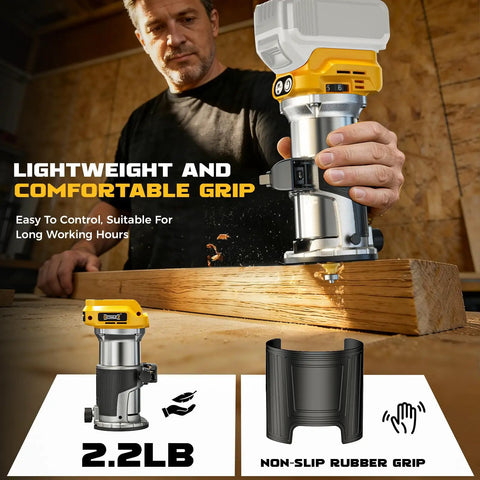 Man using Cordless Wood Router Tool With 800W Brushless Motor Up To 30,000 RPM 6 Speed Settings for woodworking on a wooden piece