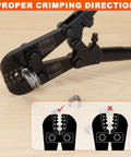 Pro Grade Wire Rope Crimper Tool Kit With Steel Cable Cutter showing crimping direction with diagrams and a crimped sleeve