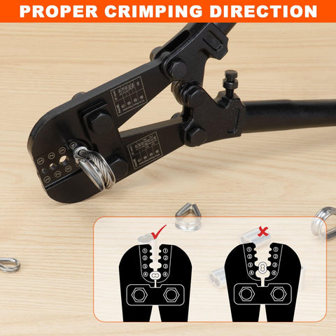 Pro Grade Wire Rope Crimper Tool Kit With Steel Cable Cutter showing crimping direction with diagrams and a crimped sleeve
