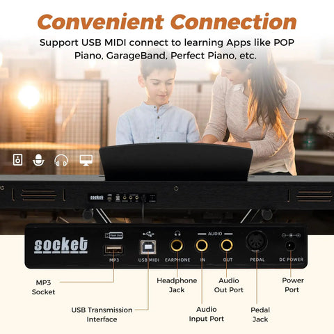 Back view of Portable 88 Keys Semi Weighted Electric Digital Piano with USB MIDI ports and headphone jack for beginners