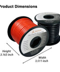 10 AWG Silicone Wire 50 Ft Red And Black Spools, showing dimensions, extra flexible tinned copper conductor, silicone insulation