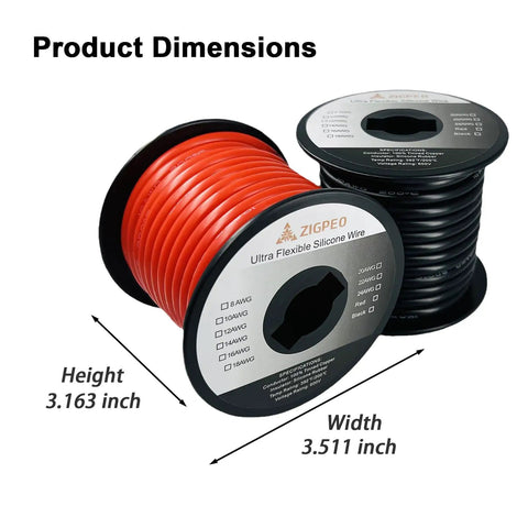 10 AWG Silicone Wire 50 Ft Red And Black Spools, showing dimensions, extra flexible tinned copper conductor, silicone insulation