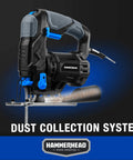Hammerhead 4.8-Amp jig saw with blue/black housing, 2 wood-cutting blades, and dust collection system.