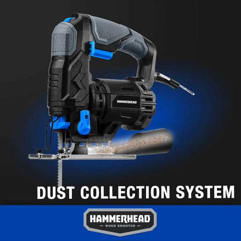 Hammerhead 4.8-Amp jig saw with blue/black housing, 2 wood-cutting blades, and dust collection system.
