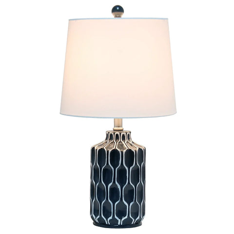 Blue Ceramic Table Lamp With Handpainted White Pattern, White Fabric Shade, Easy Rotary Socket Switch, 12 Inch Diameter, 22 Inch Tall